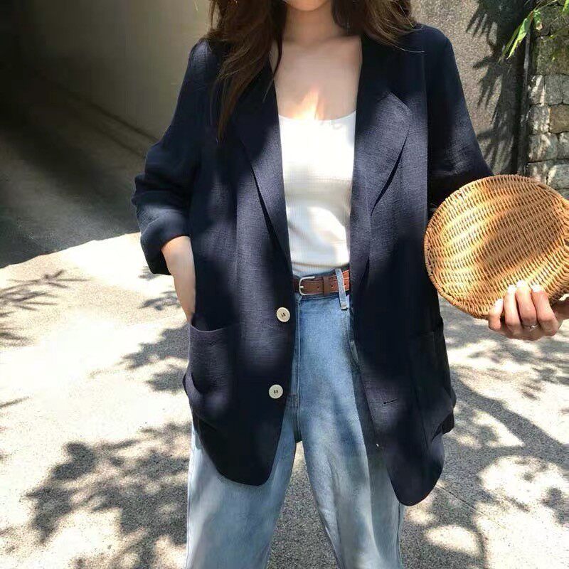 日韩棉麻西装外套女胖mm薄款防晒2026春季新款宽松休闲小西服开衫