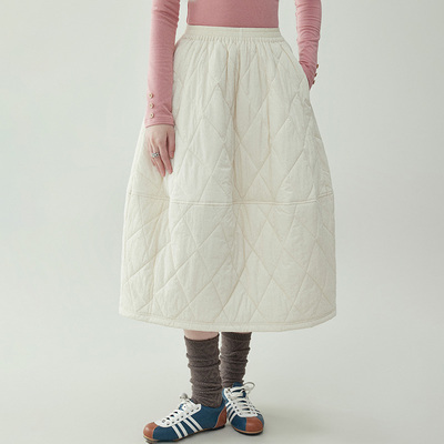 日系跨境外贸24秋冬大码菱格高腰夹棉半身裙女宽松百搭a字中长裙