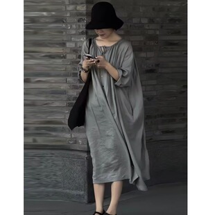 日韩松弛感休闲慵懒风独特茶歇裙26年夏季宽松大码胖MM复古连衣裙