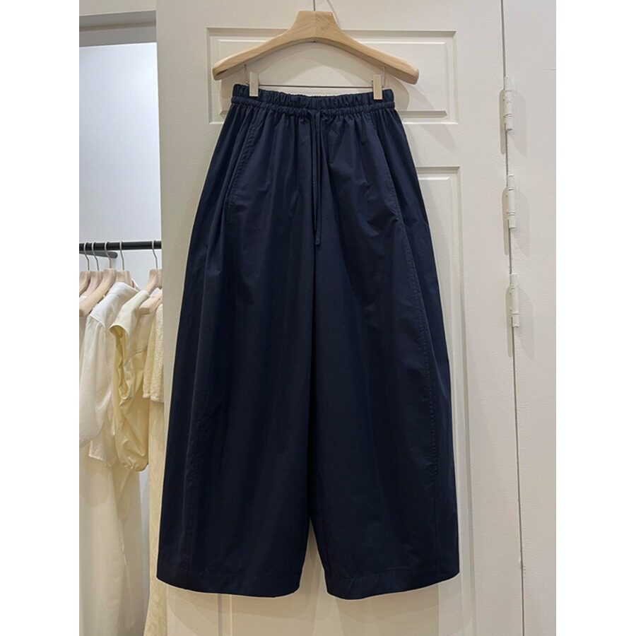 日系藏青色休闲阔腿裤女夏季新款大码女装胖MM宽松松紧腰抽绳裤子