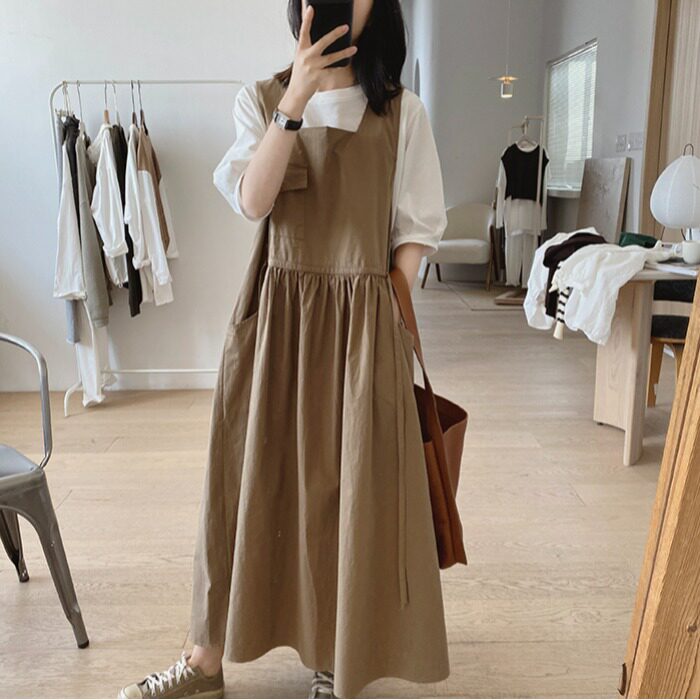 日系棉质背带裙女士春夏季大码宽松显瘦复古高腰无袖中长裙连衣裙