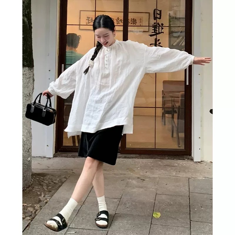 日韩chic棉麻长袖宽松显瘦白罩衫夏季加大码日系复古慵懒圆领上衣
