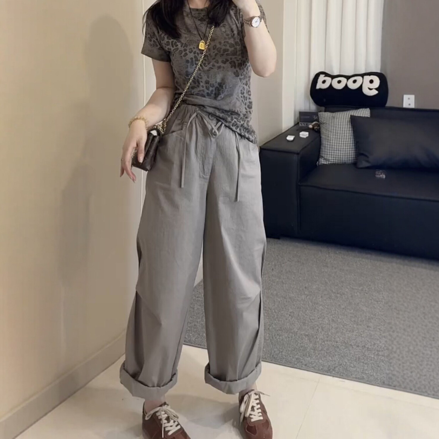 高腰抽绳九分休闲裤女2026秋季新款大码胖mm宽松显瘦工装直筒裤子