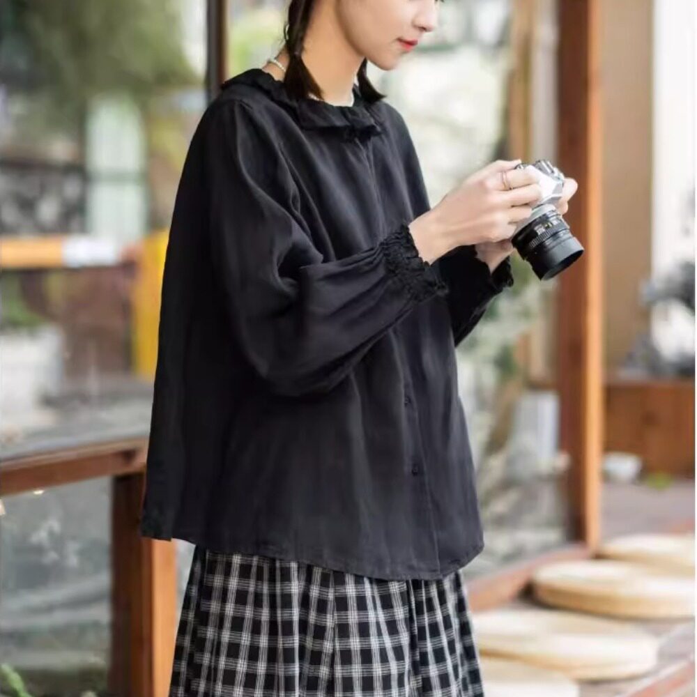 荷叶领日系棉麻衬衫2026春季大码女装漂亮穿搭前后可穿上衣衬衣