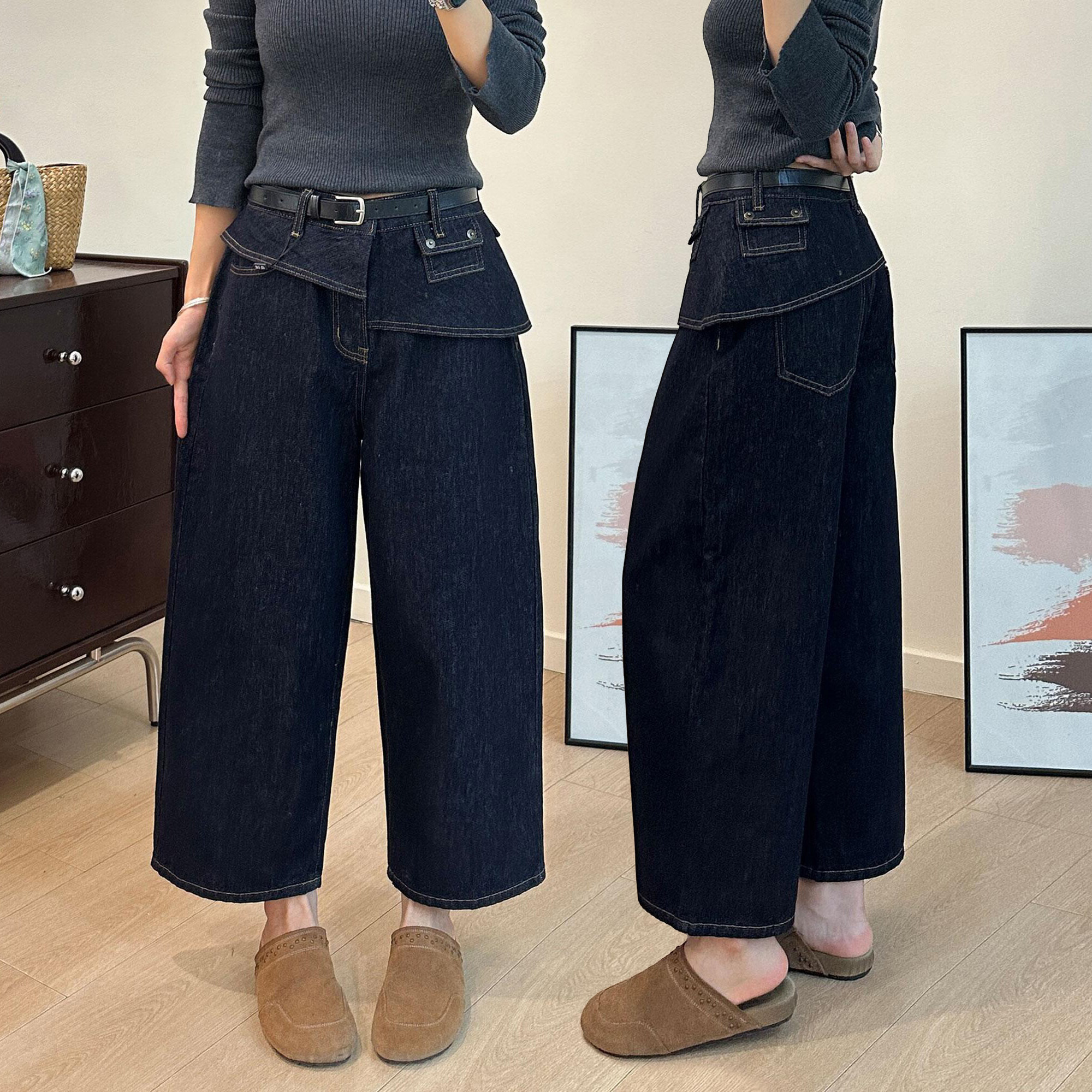 2026秋季新款梨型身材高腰设计宽松阔腿九分牛仔裤女大码胖mm裤子