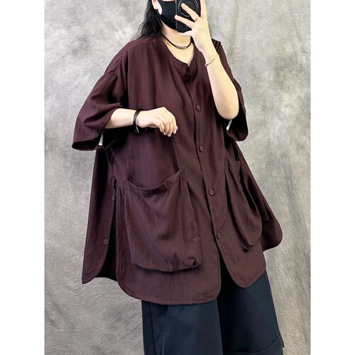 复古天丝棉麻短袖衬衫女上衣2026新款夏季宽松慵懒风大码休闲上衣