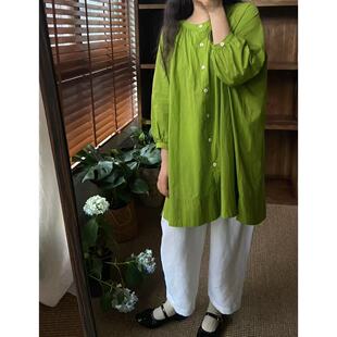 2025秋季大码女装胖MM果绿色长袖开衫单排扣衬衣宽松日系棉麻上衣