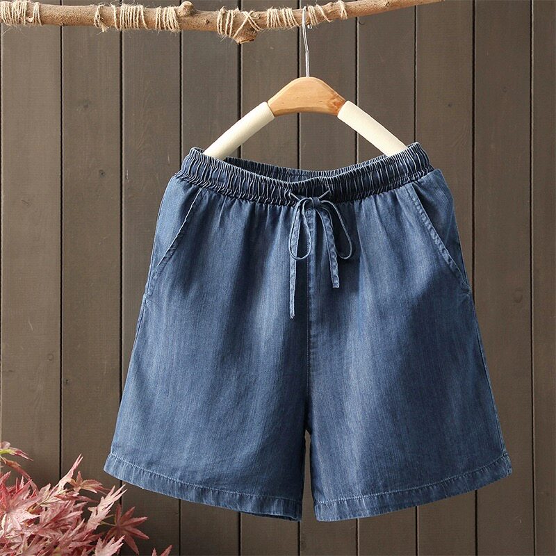 胖MM夏薄款天丝牛仔短裤夏松紧腰系带宽松休闲阔腿蓝色五分牛仔裤