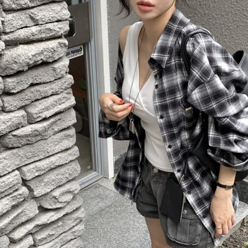 韩国chic2026秋季复古文艺风格子衬衫宽松大码显瘦休闲衬衫外套女