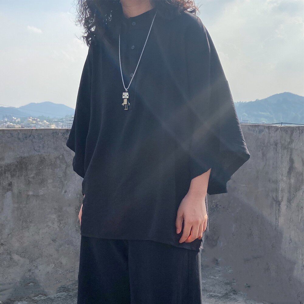 日系宽松大码女装上衣女显瘦大袖口时尚原宿圆领纯色中短袖T恤夏