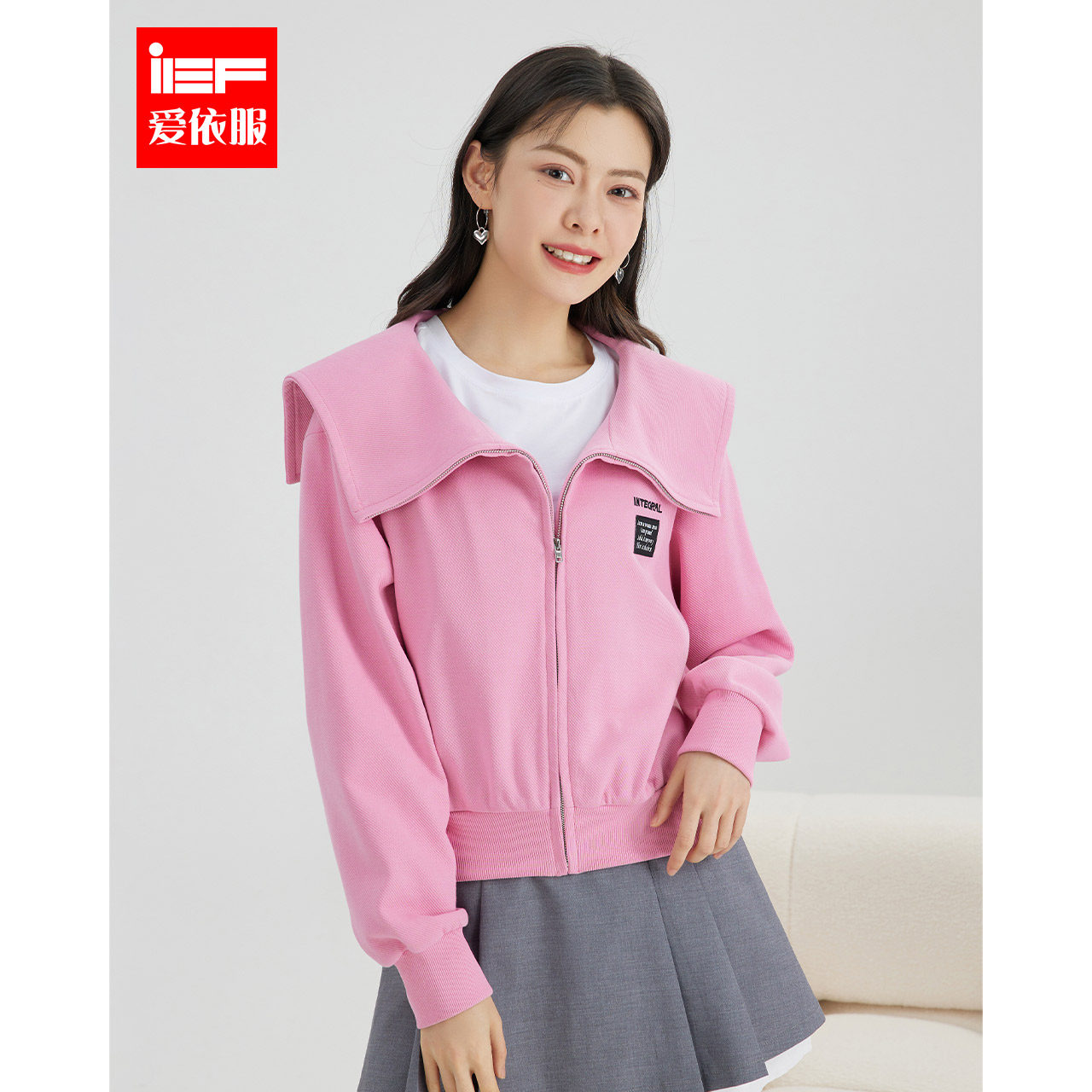 ief/爱依服外套2023春季新款减龄荷叶领休闲简约小众开衫短款上衣