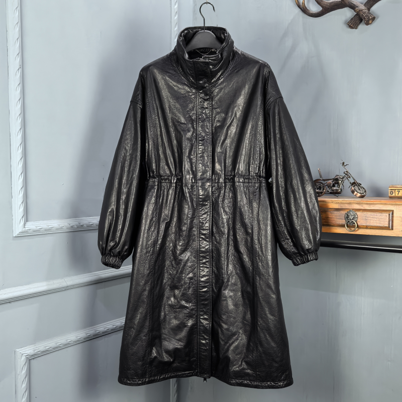 网红同款真皮羽绒服女2025秋季新款牛皮油蜡鹅绒中长款外套