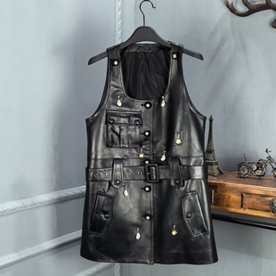 2025秋季新款真皮绵羊皮连衣裙女时尚设计感显瘦马甲裙百搭背心裙