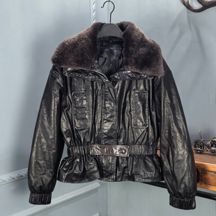 2025冬季新款真皮牛皮油蜡羽绒服女短款鹅绒收腰保暖外套小个子