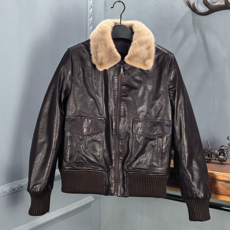 海宁2025冬季新款水貂毛领绵羊皮鹅绒羽绒服女短款机车夹克