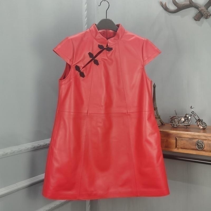 民族风真皮皮裙女复古盘扣绵羊皮立领收腰显瘦连衣裙气质百搭