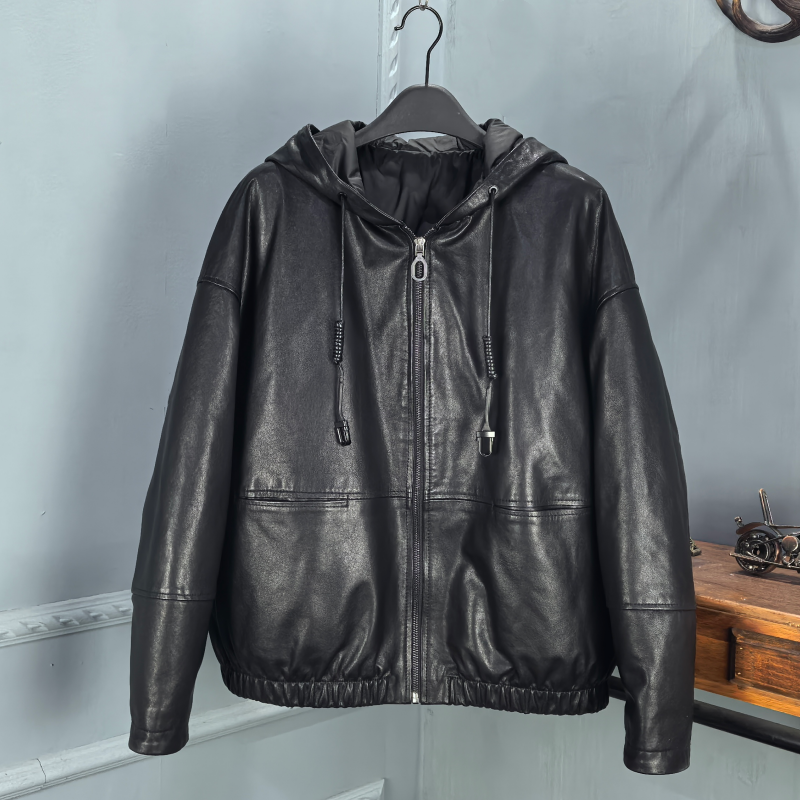 海宁2025冬季新款真皮皮衣女宽松时尚短款连帽羽绒服植鞣绵羊皮