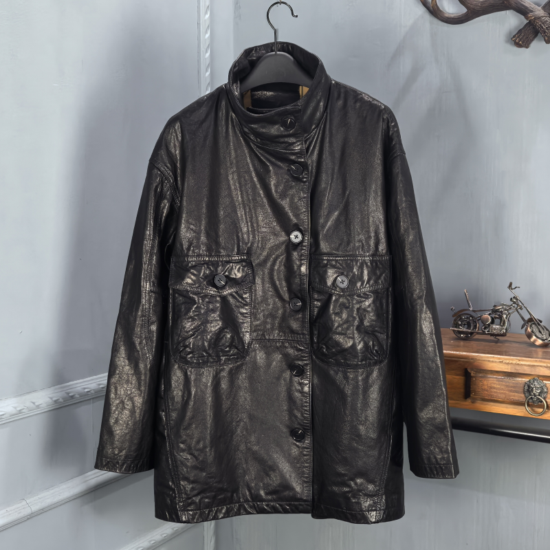 2025秋季新款真皮皮衣女中长款立领牛皮油蜡休闲宽松外套