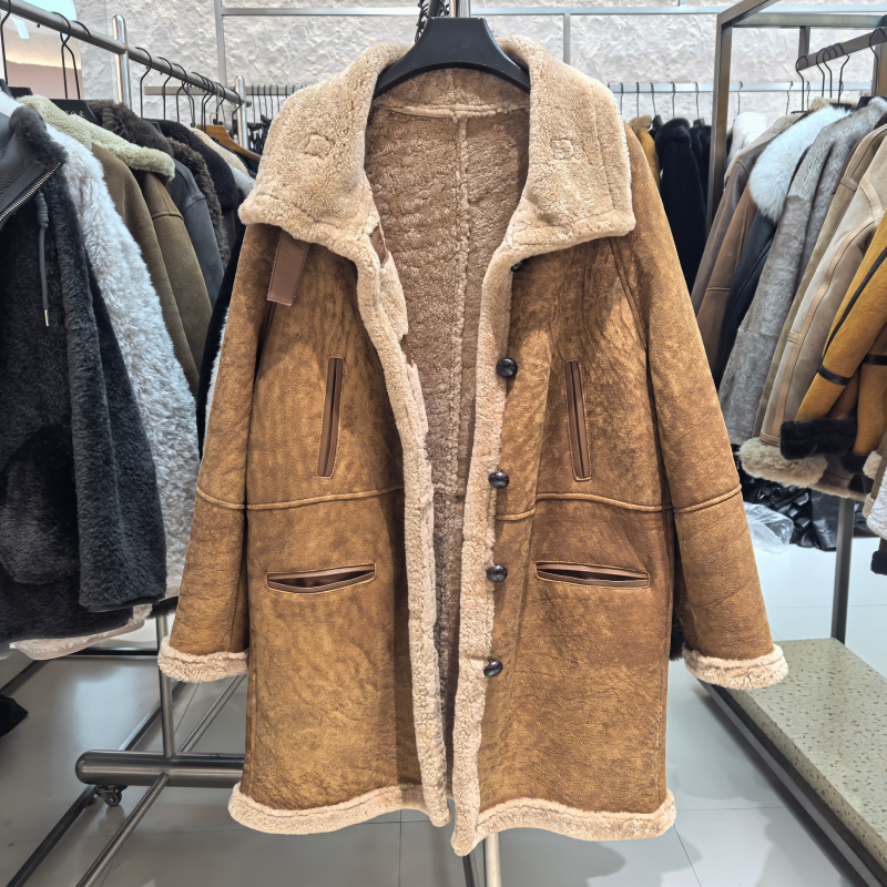 海宁2025冬季新款羊羔毛皮毛一体皮草外套女中长款大衣复古高级感
