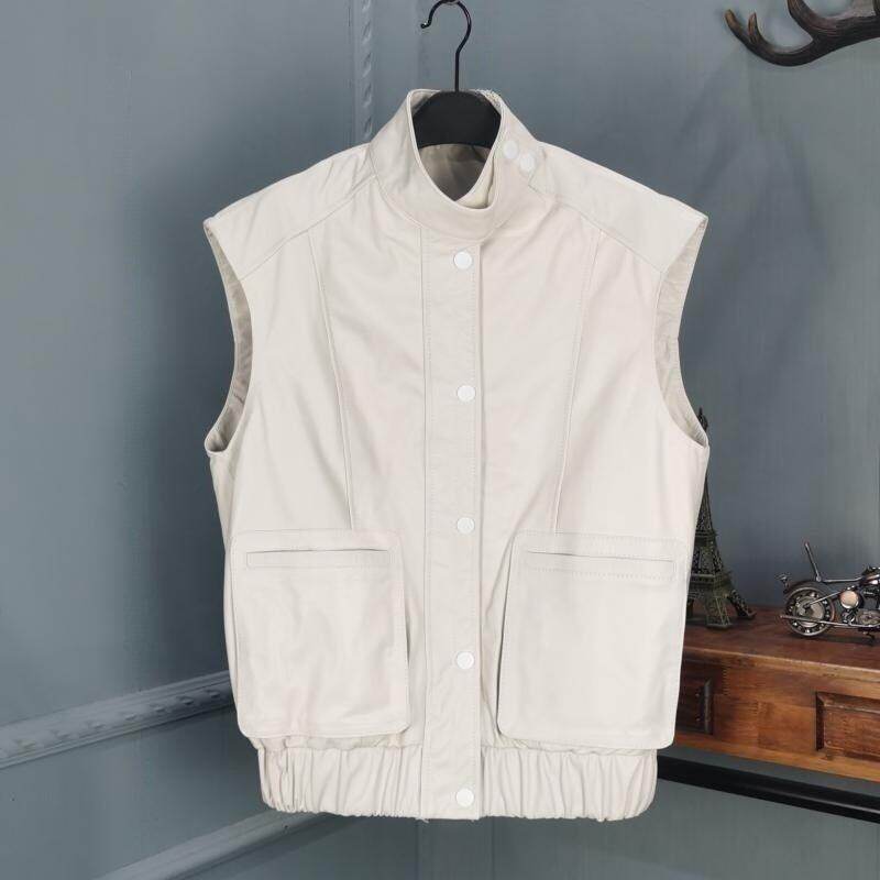 欧货2026秋季时尚新款真皮马夹女绵羊皮立领工装马甲无袖坎肩