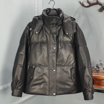 海宁2025冬季新款真皮羽绒服女欧货绵羊皮连帽短款白鸭绒保暖外套