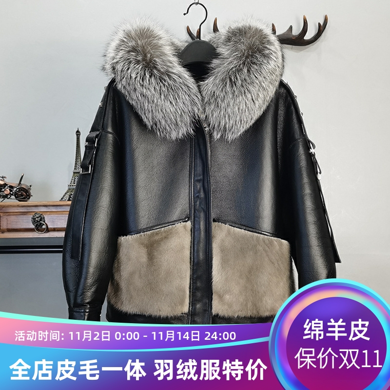 进口美利奴皮毛一体连帽貂皮外套