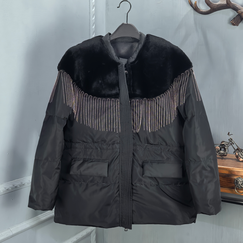 皮毛一体2025冬季新款羽绒服女流苏中长款收腰显瘦时尚保暖外套