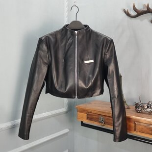 2026春季甜酷辣妹风真皮外套女立领拉链高腰机车超短外套
