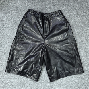 2026春季 真皮油蜡牛皮皮裤 女休闲宽松松紧腰五分裤 宽松 新款