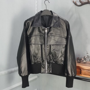 欧货2026网红同款 夹克外套 真皮皮衣女绵羊皮束腰休闲宽松短款