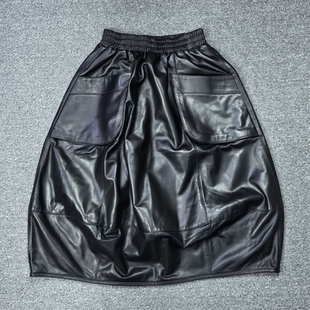 海宁2025早春新款真皮松紧腰绵羊皮高腰皮裙女中长款花苞裙A字裙