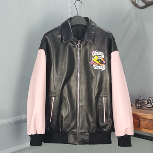 明星同款真皮皮衣女黑粉撞色绵羊皮卡通印花棒球服宽松夹克外套