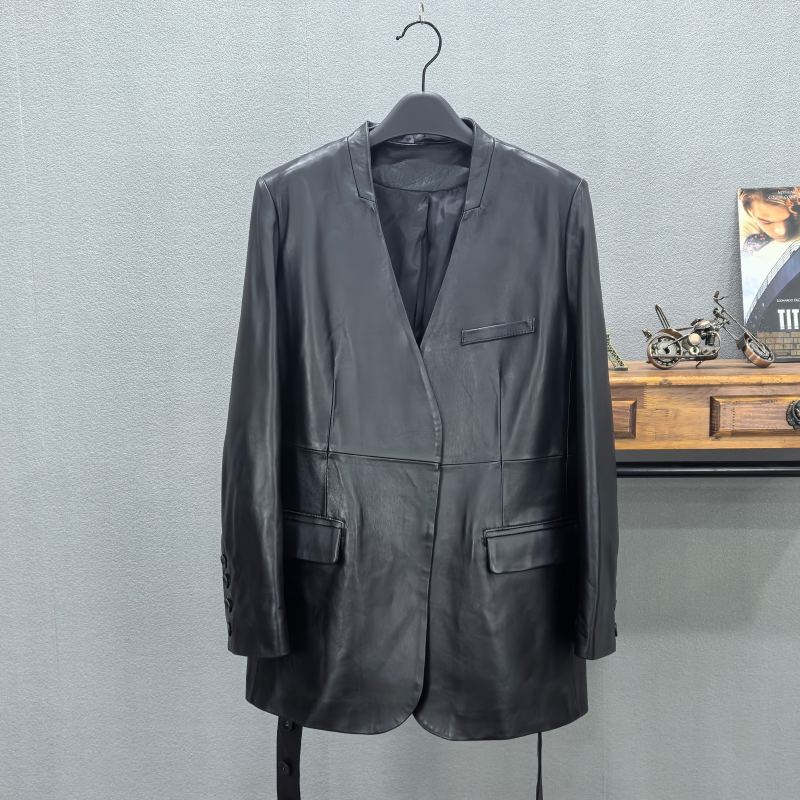 海宁2026秋季新款真皮皮衣女绵羊皮V领腰带中长款西服外套