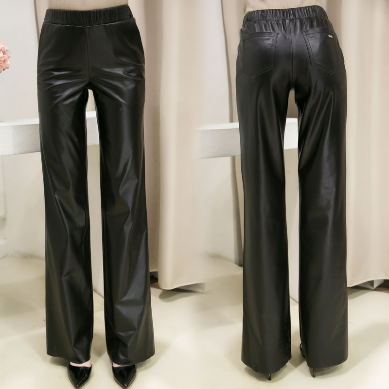 阔腿高腰显瘦真皮皮裤加长裤