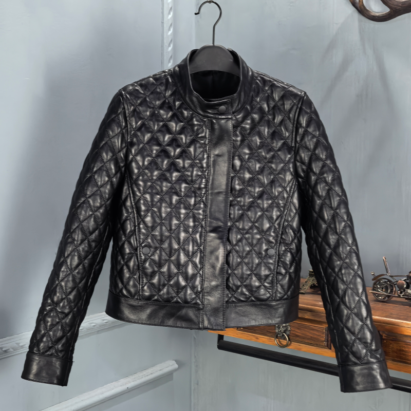 真皮立领绵羊皮皮衣女2025秋冬新款真皮短款菱格加棉夹克休闲百搭