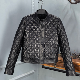 真皮立领绵羊皮皮衣女2026秋冬新款真皮短款菱格加棉夹克休闲百搭