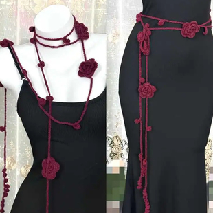 玫瑰花腰带设计感小众针织甜美百搭女士腰链配连衣裙编织围脖装饰