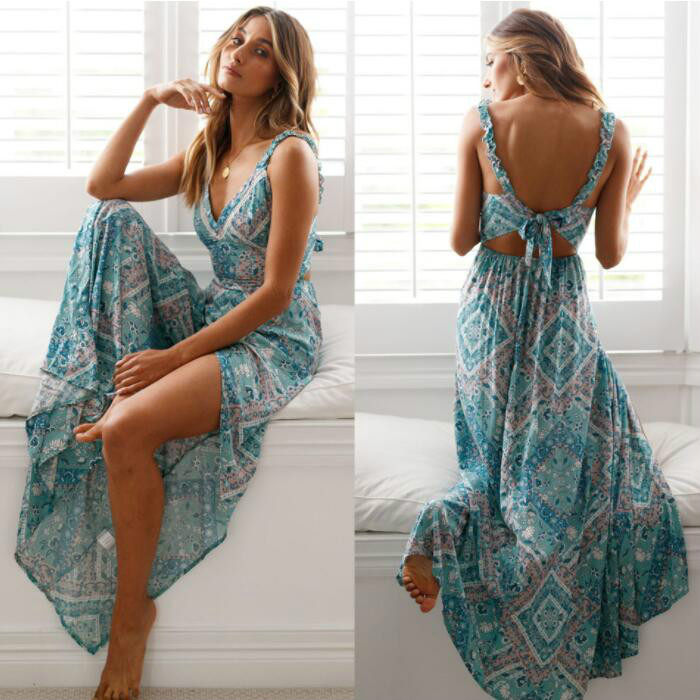 V-Neck Printed Lace-Up Slit Maxi DressV 领印花系带开衩连衣裙
