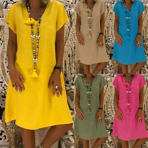 Cotton Casual Big Size Ladies Dress  party dress短袖v领中裙