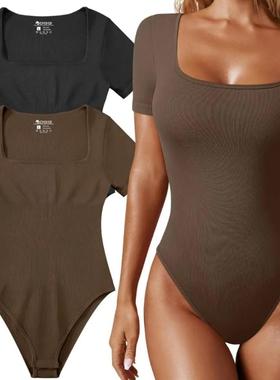 Square collar short sleeved jumpsuit纯色方领短袖紧身连体衣女