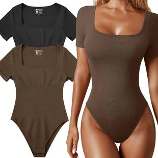 jumpsuit纯色方领短袖 Square sleeved short 紧身连体衣女 collar