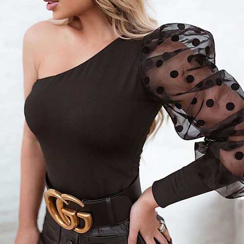 One Shoulder Polka Dot Top Tees T-shirts Wome