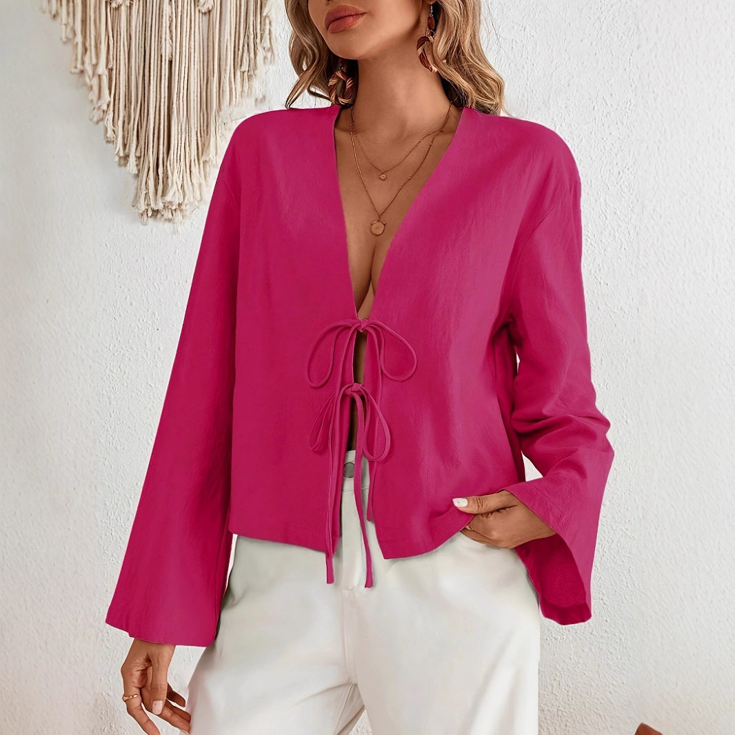休闲系带纯色长袖上衣女Ladies' casual lace up solid color top