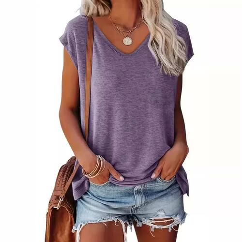 Solid casual loose V-neck short sleeves纯色休闲宽松V领短袖女
