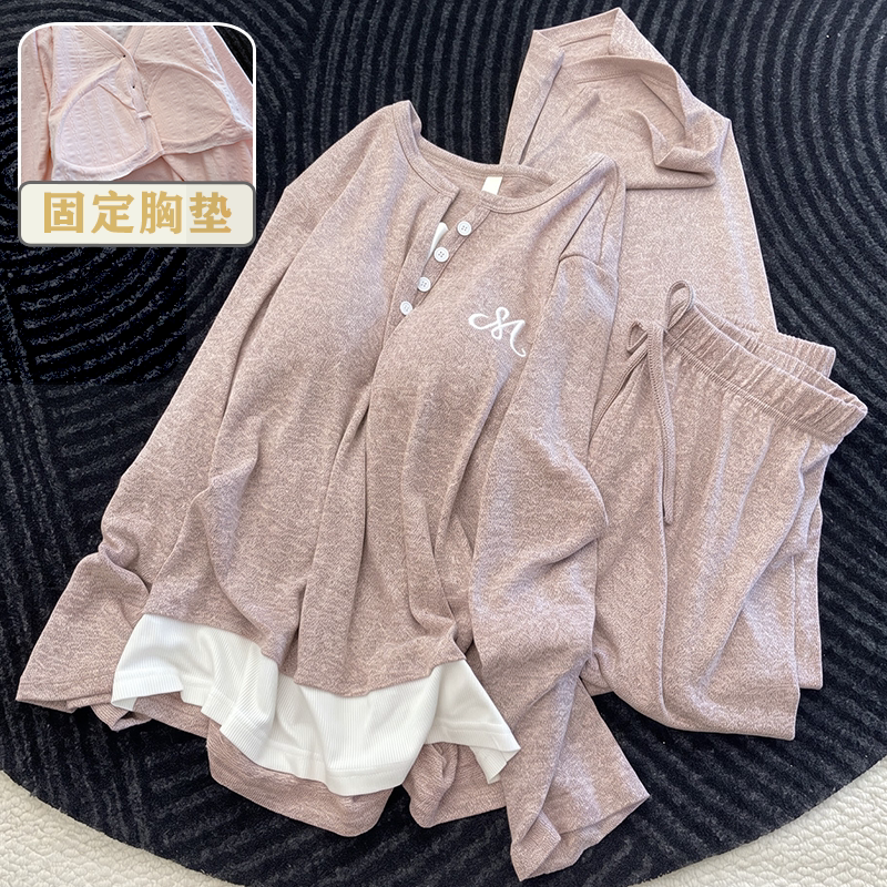 彩棉带胸垫可外穿长袖色织家居服