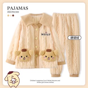 2026新款秋冬季儿童珊瑚绒睡衣加绒加厚公主风卡通女童家居服套装