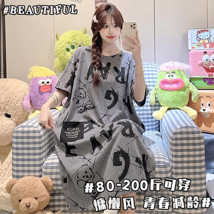 睡裙韩版女士短袖家居裙夏季慵懒风宽松胖mm睡衣薄款休闲中长款