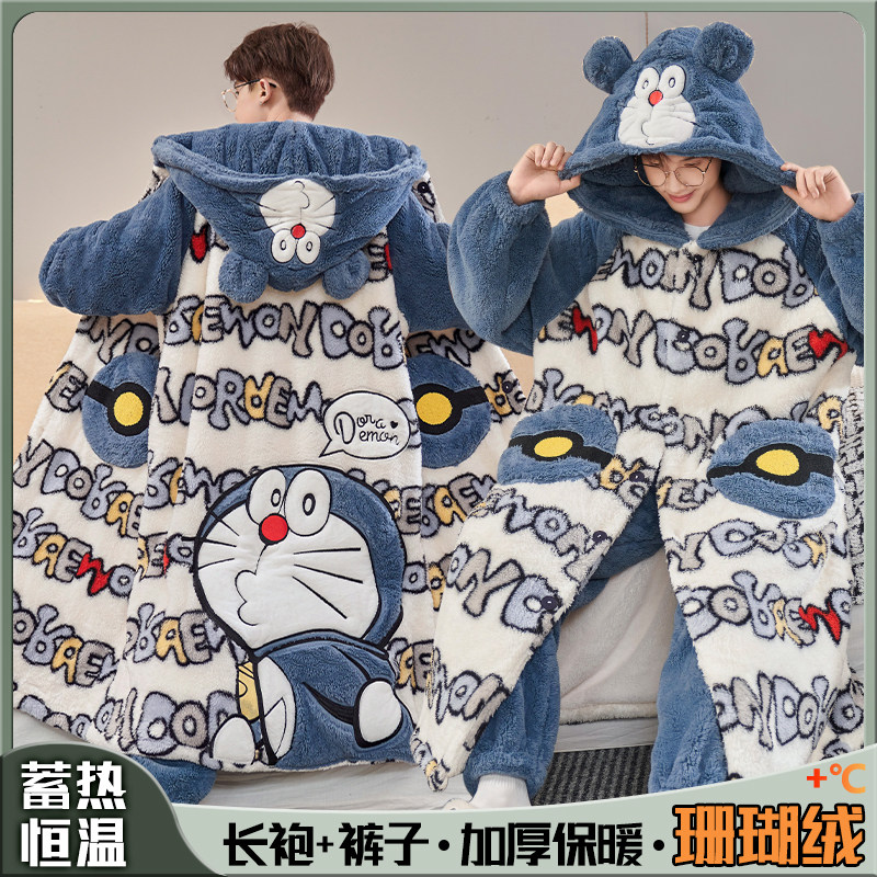 大码200斤宽松男士加绒加厚连帽套装冬天珊瑚绒睡衣浴袍卡通睡袍