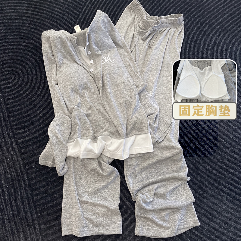 色织睡衣长袖女士可外穿假两件家居服休闲风套装带胸垫春秋款彩棉
