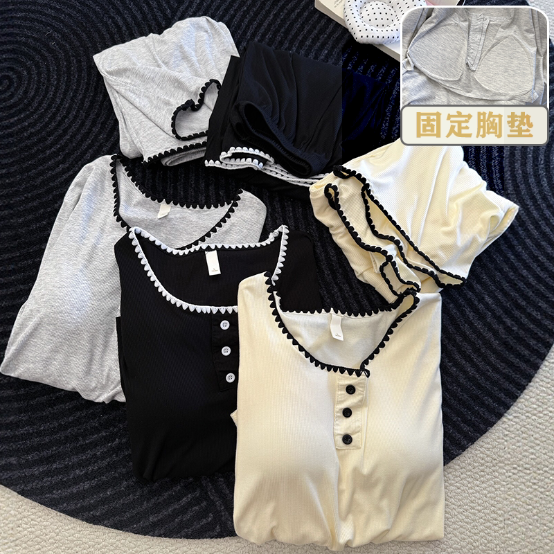 莫代尔薄款带胸垫长袖家居服套装
